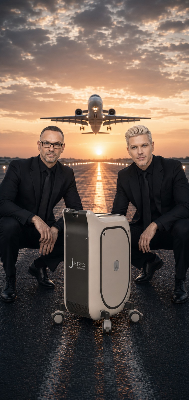 Ben & Chris im schwarzen Anzug mit dem JetPRO Gerät auf einer Landebahn im Sonnenuntergang